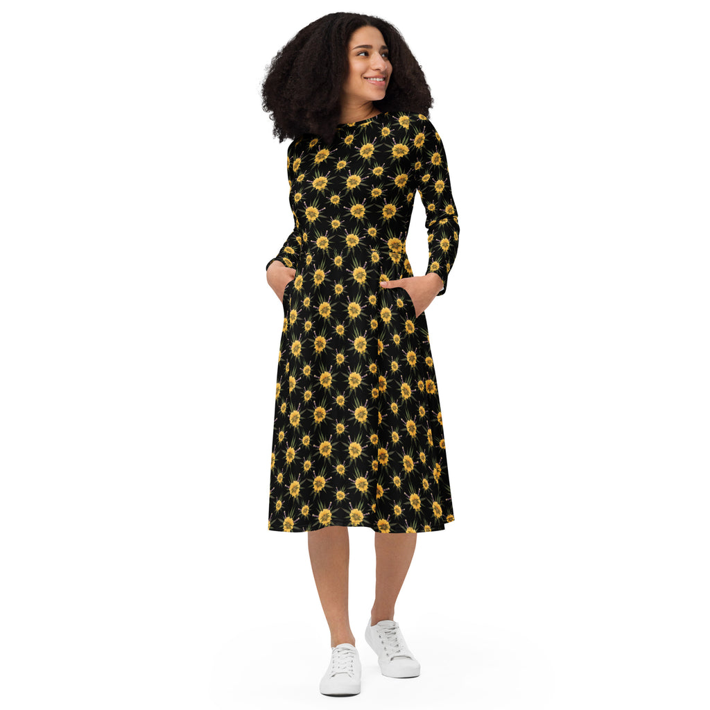 Blossom Playful (Midnite) All-over print long sleeve midi dress