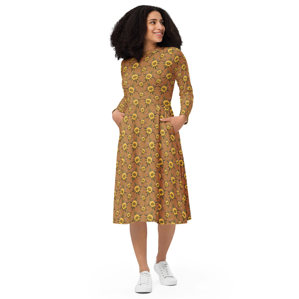Blossom Playful (Natural) All-over print long sleeve midi dress