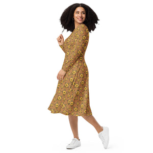 Blossom Playful (Natural) All-over print long sleeve midi dress