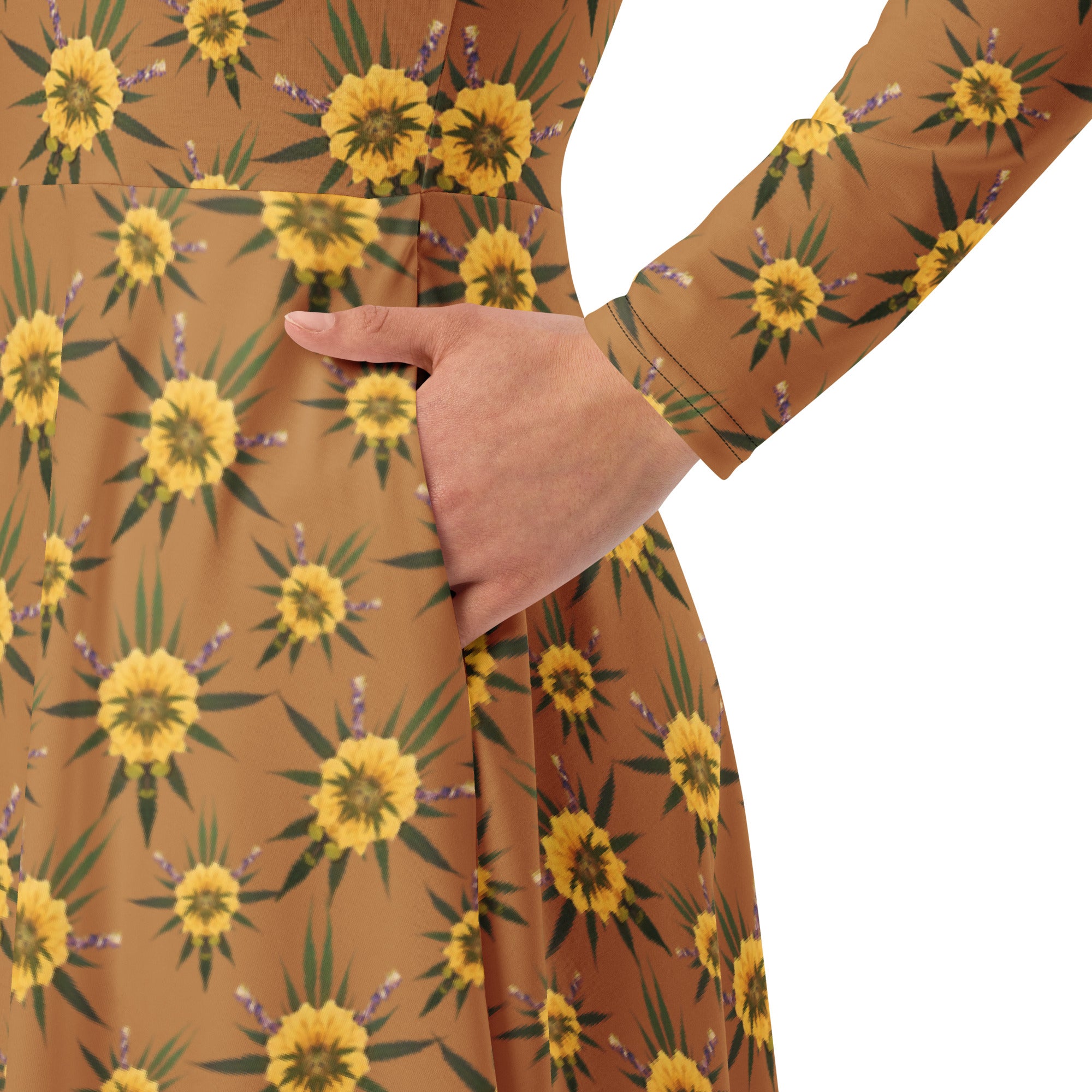 Blossom Playful (Natural) All-over print long sleeve midi dress